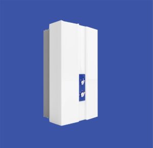 Tankless water heater. Plain blue background.
