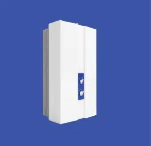 Tankless water heater. Plain blue background.