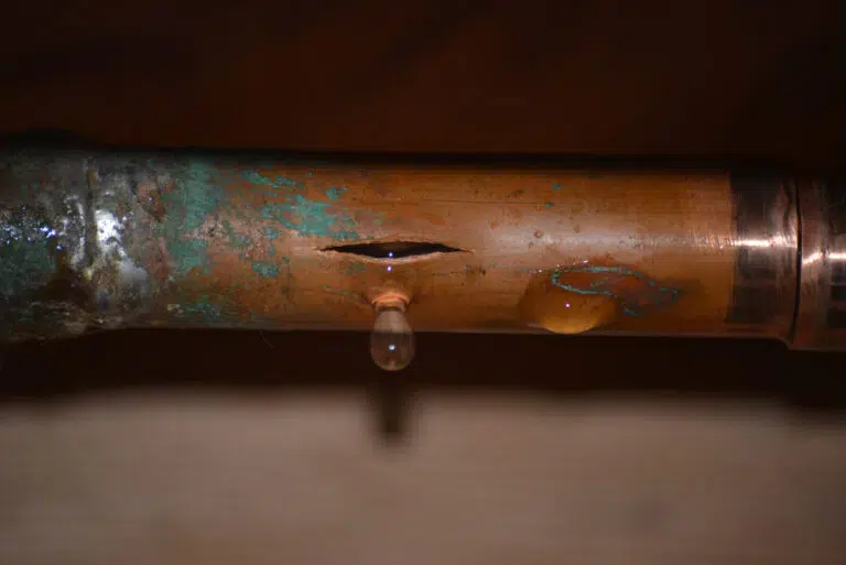 Burst copper pipe with some corrosion, dripping water